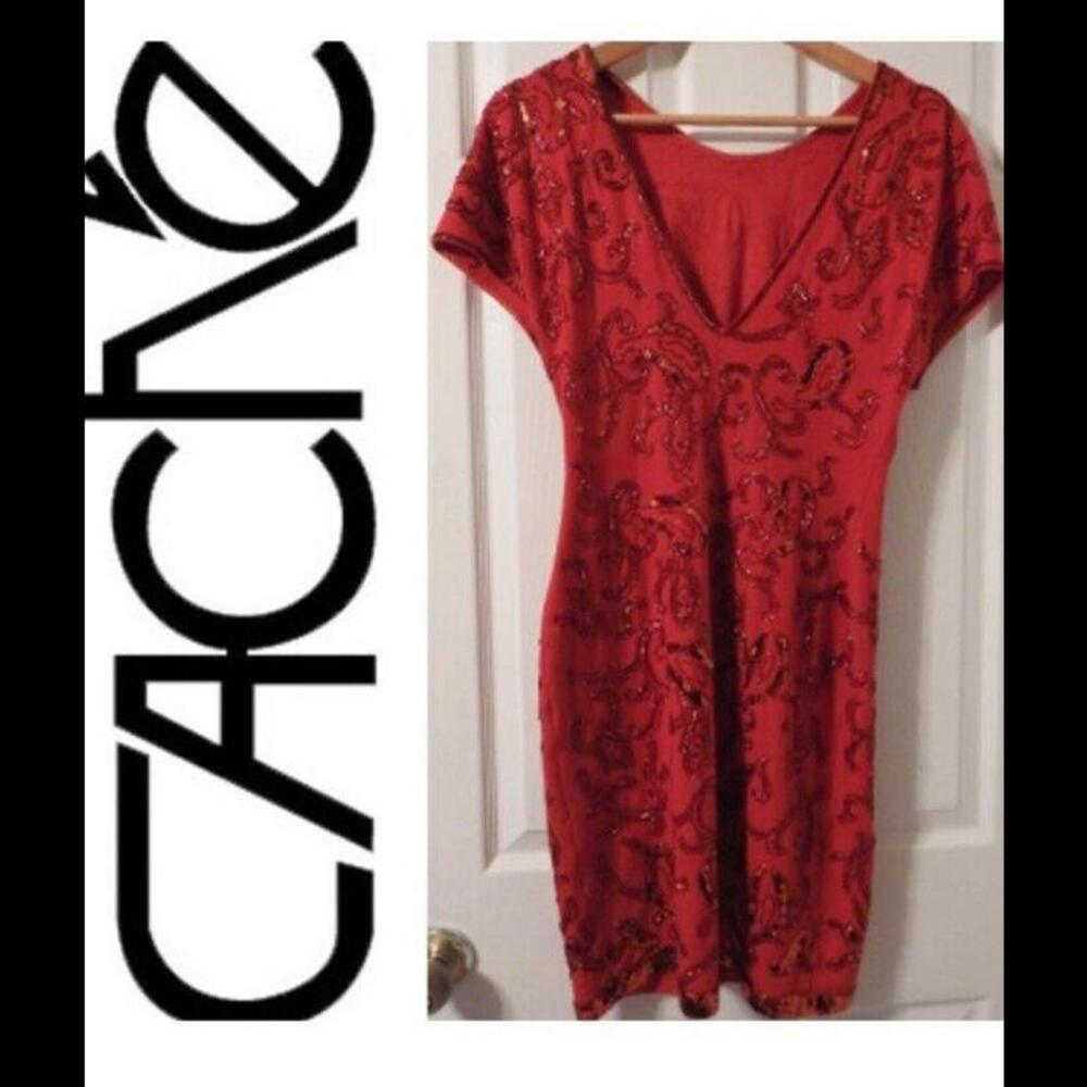 👗🔴CACHE Dress Sheath Bodycon Red Cap Sleeve Sz M Carmen Marc Valvo Beading